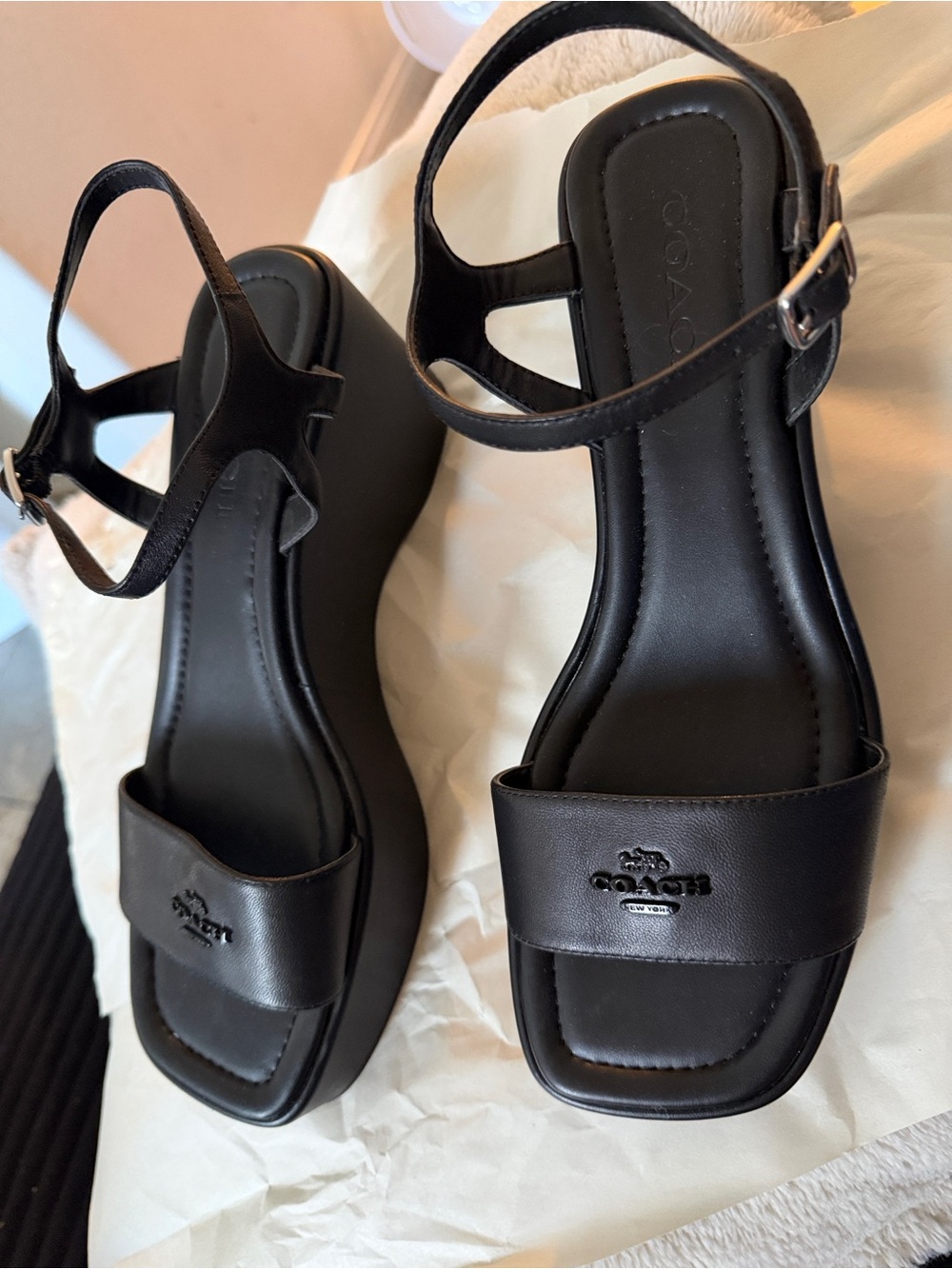 Coach Black Leather Platform Slingback Sandals